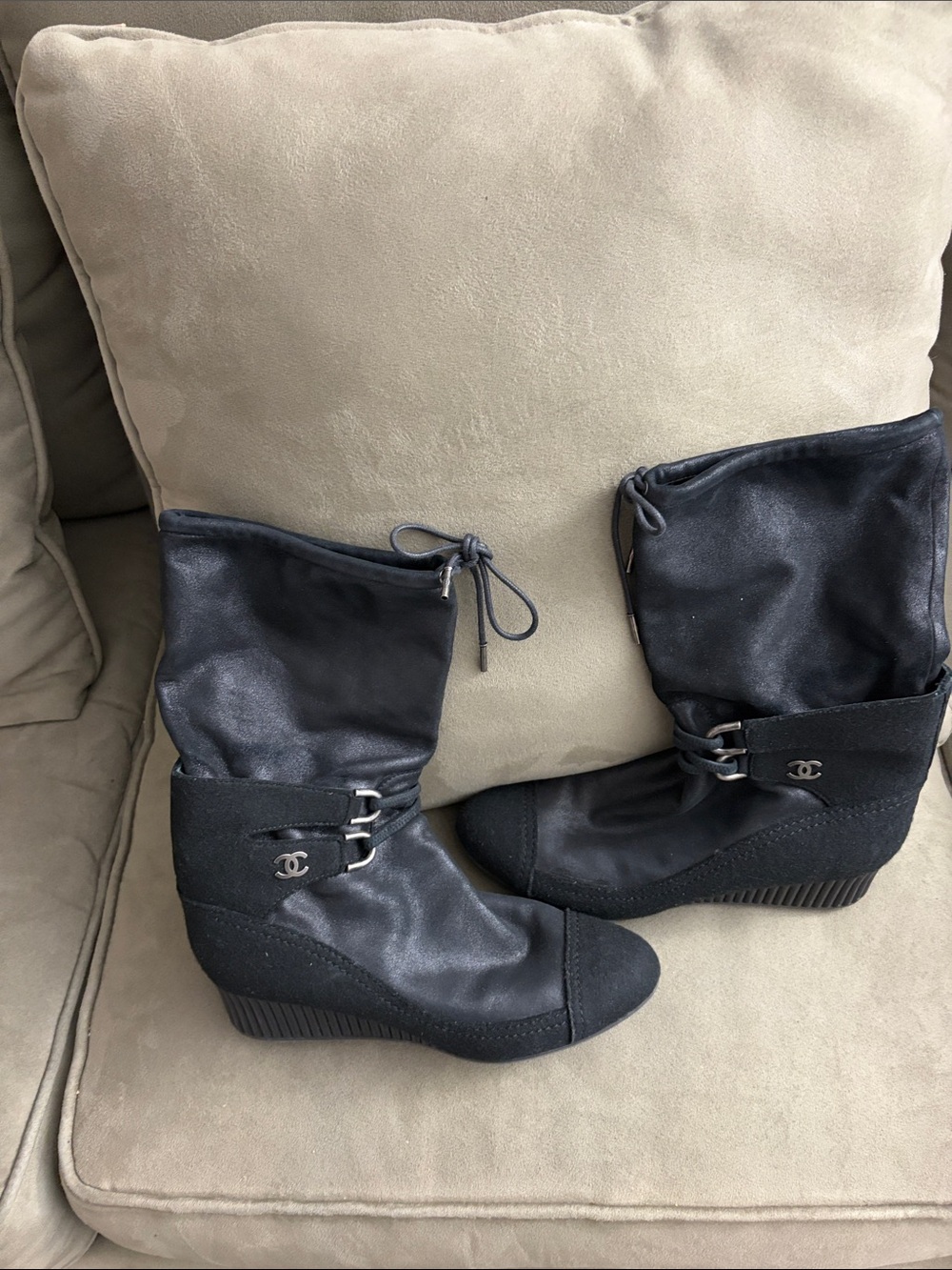 CHANEL Black Leather & Suede Wedge Mid-Calf Boots